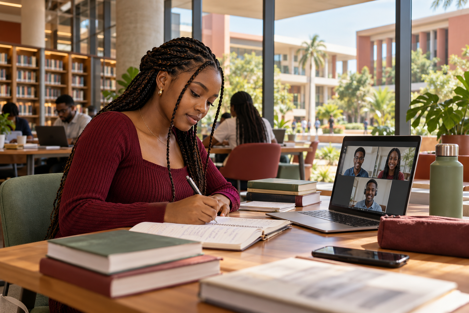 AI-created scene of African university students learning together online